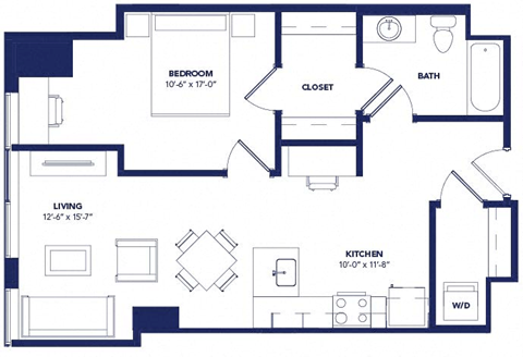 Floor plan for 1 bed, 1 bath, 720 sqft